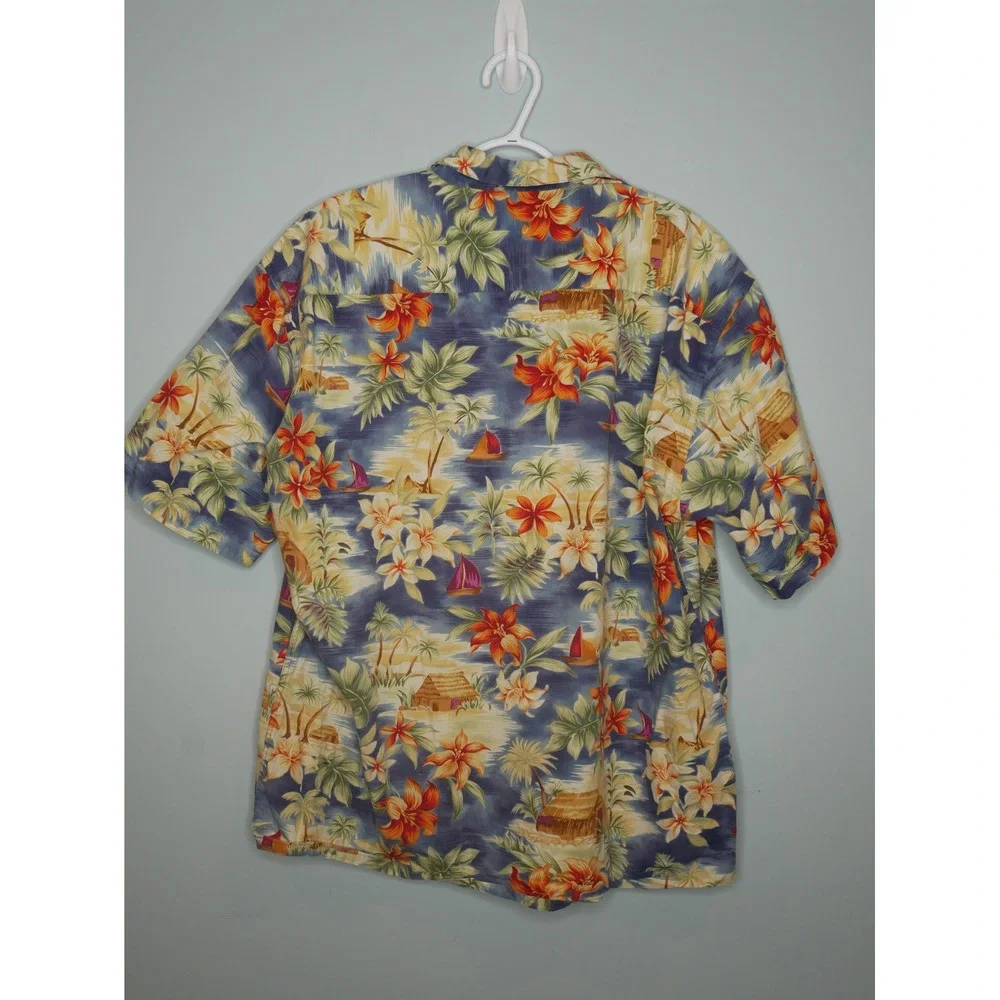 Campia Moda Mens XL Hawaiian Shirt Blue Tropical Hibiscus Palm Tree Cotton‎ XL